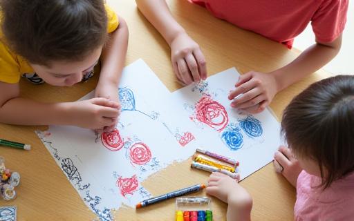子供たちがテーブルで楽しそうに絵を描いている