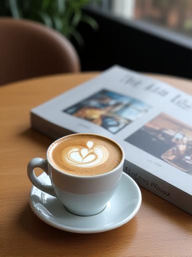 アートブックの隣に置かれたラテアートが施されたコーヒーカップ