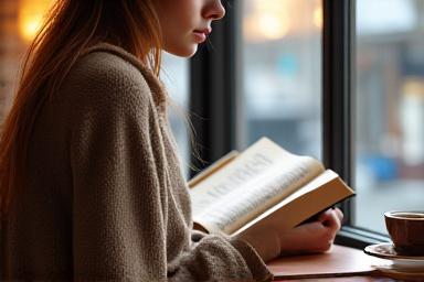 窓際の席でコーヒーを飲みながら本を読む人