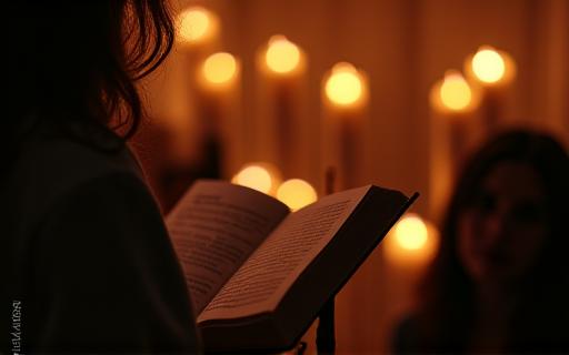 キャンドルの灯りの下で開かれている朗読会